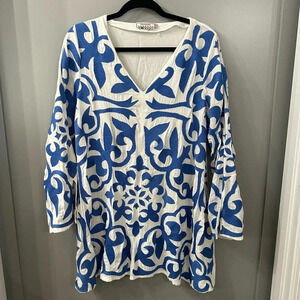 PIA PAURO Anthropologie Dress Blue and White Embroidered Dress Size Small